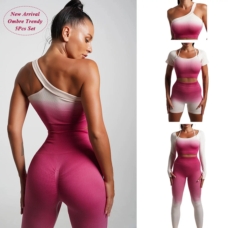 5 Piece Ombre Ribbed Workout Outfits Sexy One Shoulder Sports Bra 2 Design Crop Tops Scrunch Yoga Shorts Leggings Active Wear Set Gradient Ladies Gym Apparels