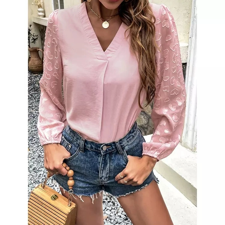 Women Custom Spring Autumn Office Ladies Elegant V-Neck Stitching Long-Sleeved Casual Pink Chiffon Shirt Blouse