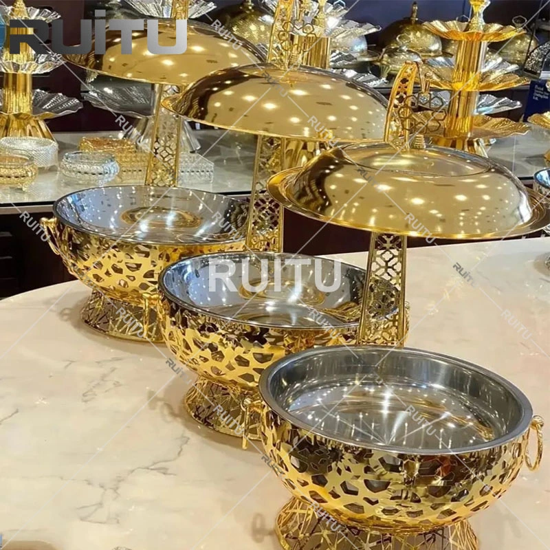 Kitchen Accessories Stainless Steel Catering Set Golden Chafer with Fuel Gel Burner Round Hanging Glass Dome Latest Brass Wedding Chaffing Dish Pour Buffet