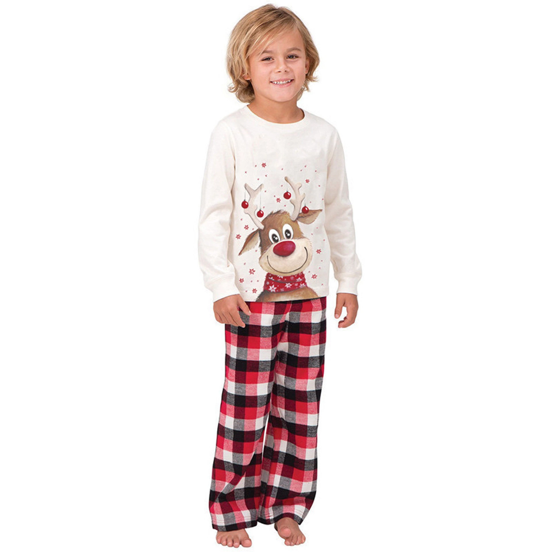 Passende Familien-Schlafanzug-Sets Weihnachts-PJ mit Hirschärmeln T-Shirt und Plaid Hosen Loungewear