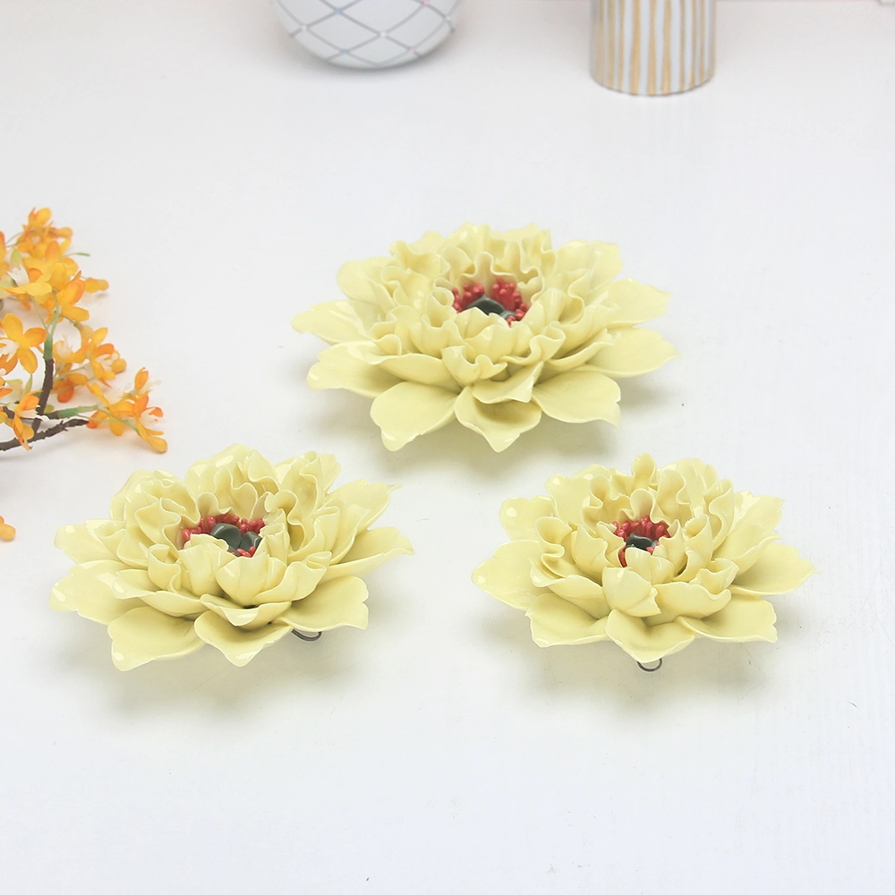 F002Y Ceramic Peony Flower Handicraft Wall Decoration Other Home Decor Porcelain Yellow Wall Flower