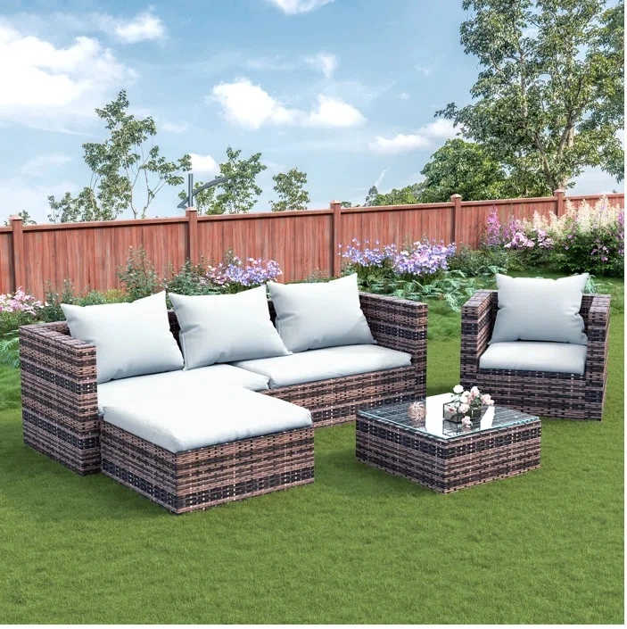Patio Furniture Set 5 Seater Outdoor Wicker Sectional Sofa with Thick Cushions & Tempered Glass Table Patio Couch Conversation Set