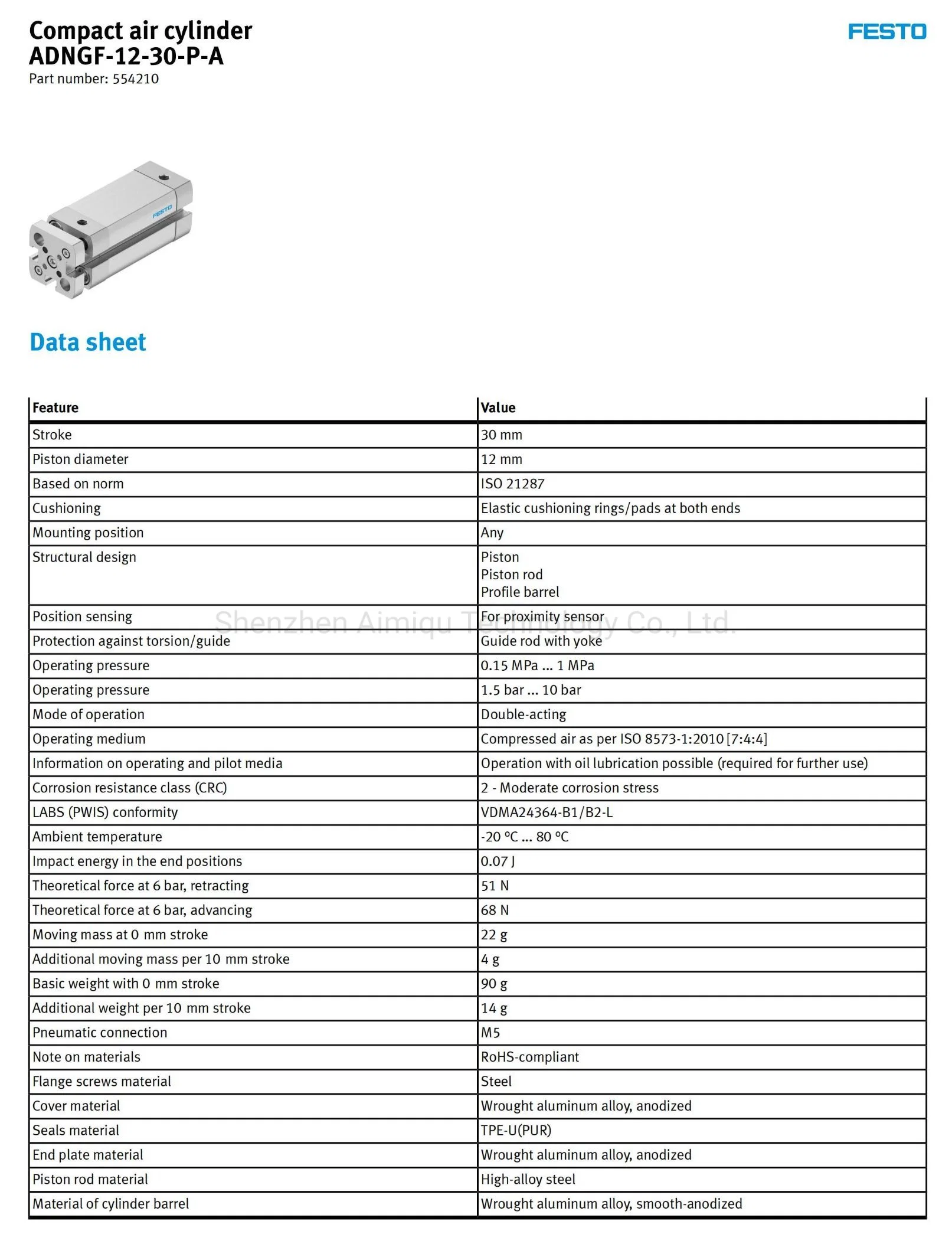 554210 Adngf-12-30-P-a From Festo Pneumatic Compact Air Cylinder RoHS-Compliant