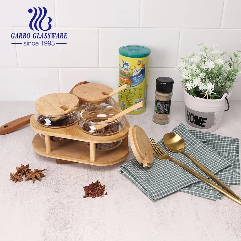 Vidrio de borosilicato condimento frasco con tapa de la cuchara de madera y vidrio claro condimento Storage Jar menaje de cocina