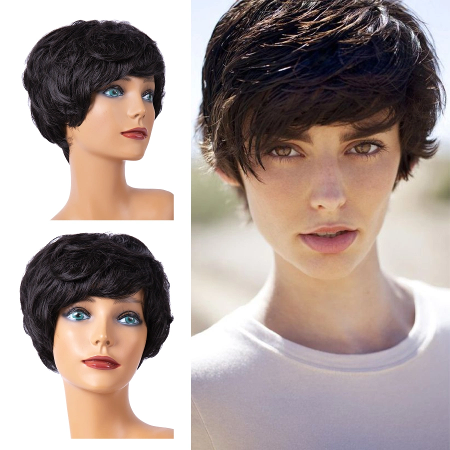 الشعر القصير المقاومة للحرارة الطبيعية Wigs لون أسود قصير مجعد الشعر الصناعي Wigs قطع Pixie Wigs