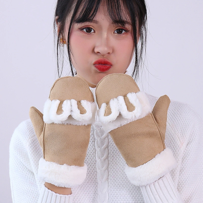 Women's Winter Full Fingers Suede Rabbit Ears Cycling Velvet Thickened Warm Plush Student Gloves