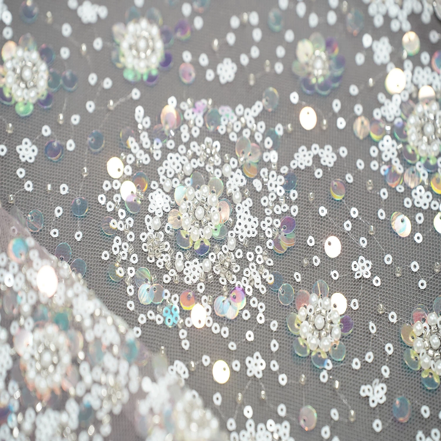 Colorful Beaded Lace Sequin Fabric with Pearl Mesh Embroidered Tulle for Fashion Dress