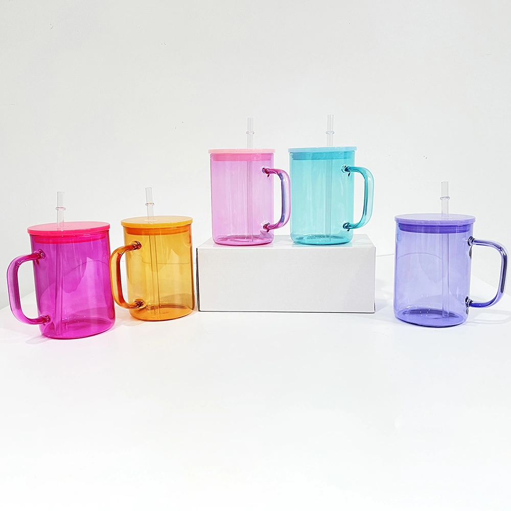 Wholesale/Supplier USA Warehouse Colorful Jelly 17oz Blank Sublimation Clear Hot Chocolate and Coffee Colored Glass Mugs Colored with Plastic PP Lid and Straw