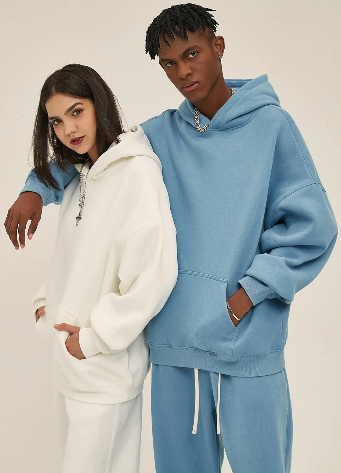 2023 New Unisex Custom Unisex Loose Fashion Hoodie Sets 2 Pieces No String Hoodies Sweatpants Men Tracksuits Sweat Suits Plain 350g Cotton Fleece Track Suits