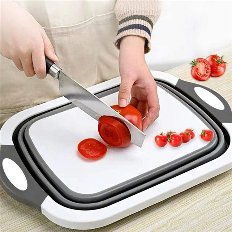 Planche à découper multifonction cuisine plastique silicone bac à vaisselle pliable 3 en 1 Planche à découper pliable portable