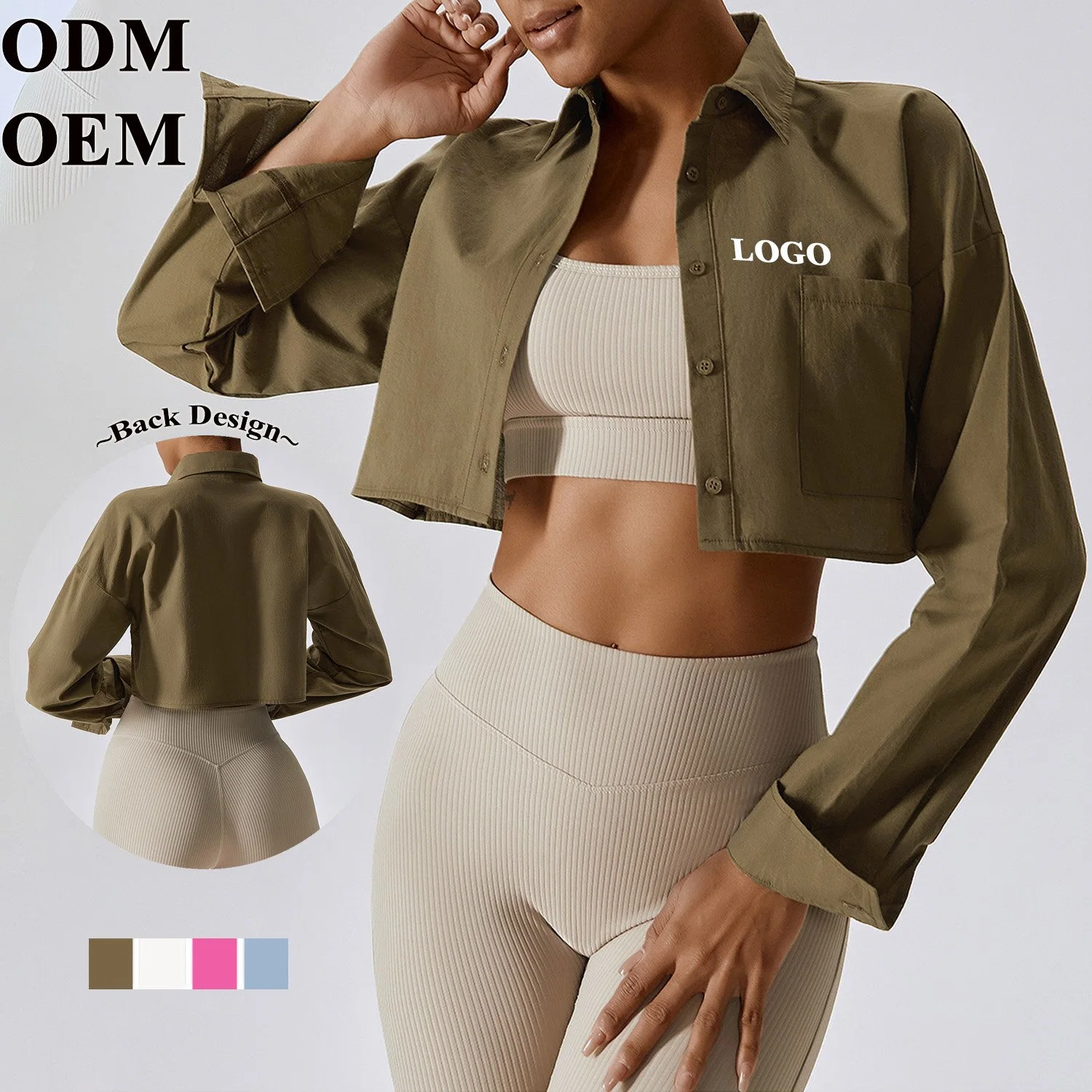 Wholesale Gym Wear Women Long Sleeve Sport Blouse Top Button Down Twisted Collar Blouse Crop Top