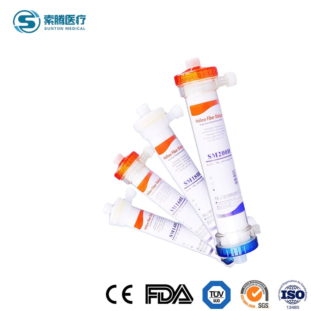 Sunton bajo/alto flujo desechables Flux Hemodialyzer China Pes Pes hemodiálisis dializador fabricantes servicio centralizado de flujo de sangre bajo diálisis dializador