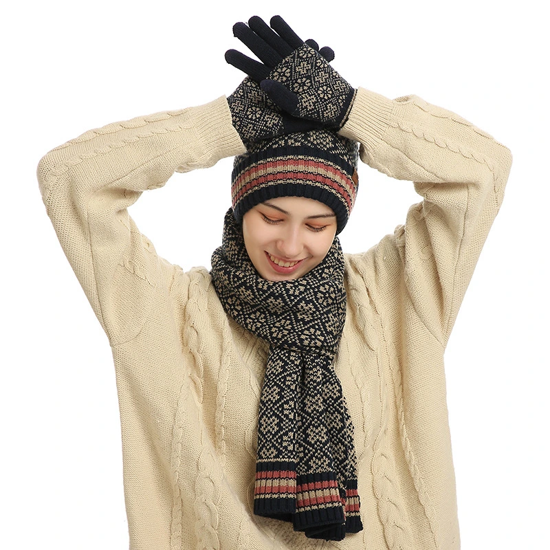 Custom Winter Outdoor Thick Warm Knitted Hat Scarf Gloves Set