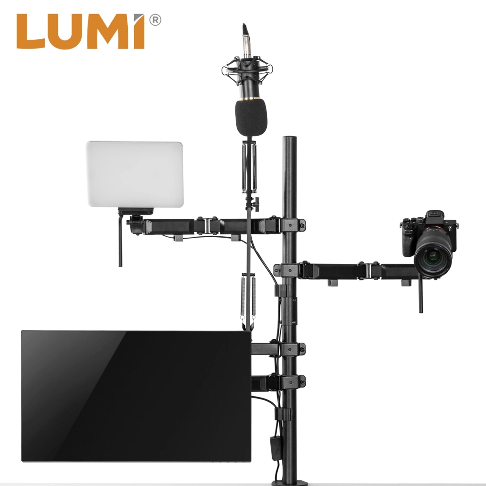 Premium Adjustable Mic Boom Arm Microphone Stand with Light and Monitor Mount