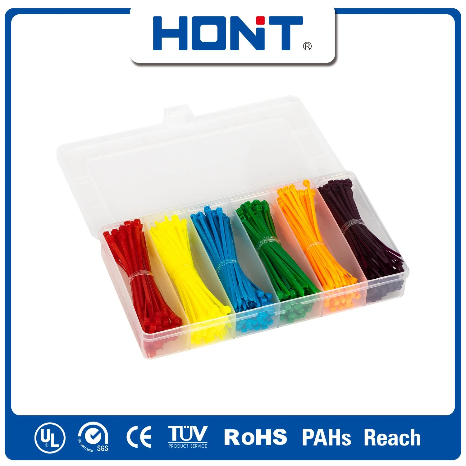 Amarre de autoblocante Hont + bolsa de plástico adhesivo exportar/bandeja de cartón Accesorios de cable de nylon con ISO