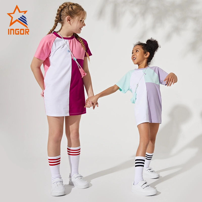 Ingorsports mayorista Activewear personalizado a los niños el color de contraste T-Shir Falda causal para niños ropa deportiva