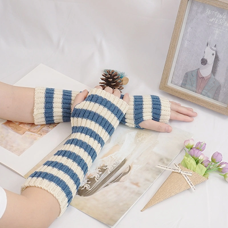 30cm Knitted Thick Striped Arm Cover in The Long Section of Autumn and Winter Warm Students Korean Version of The Half Finger Gloves