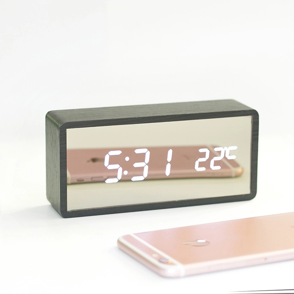 Modern Table Mirror LED Alarm Clock with Temperature Display Wood Effect Frame