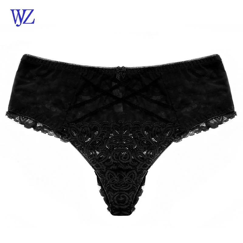 Hipster T-Back Estilo Calcinha Cintura média Sexy Lace Transparente Plus Size Fat mulheres camisas G-String Thong