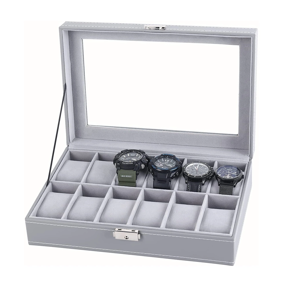 Glass Top PU Box 12-Slot Leather Watch Case Organizer Watches Holder for Men