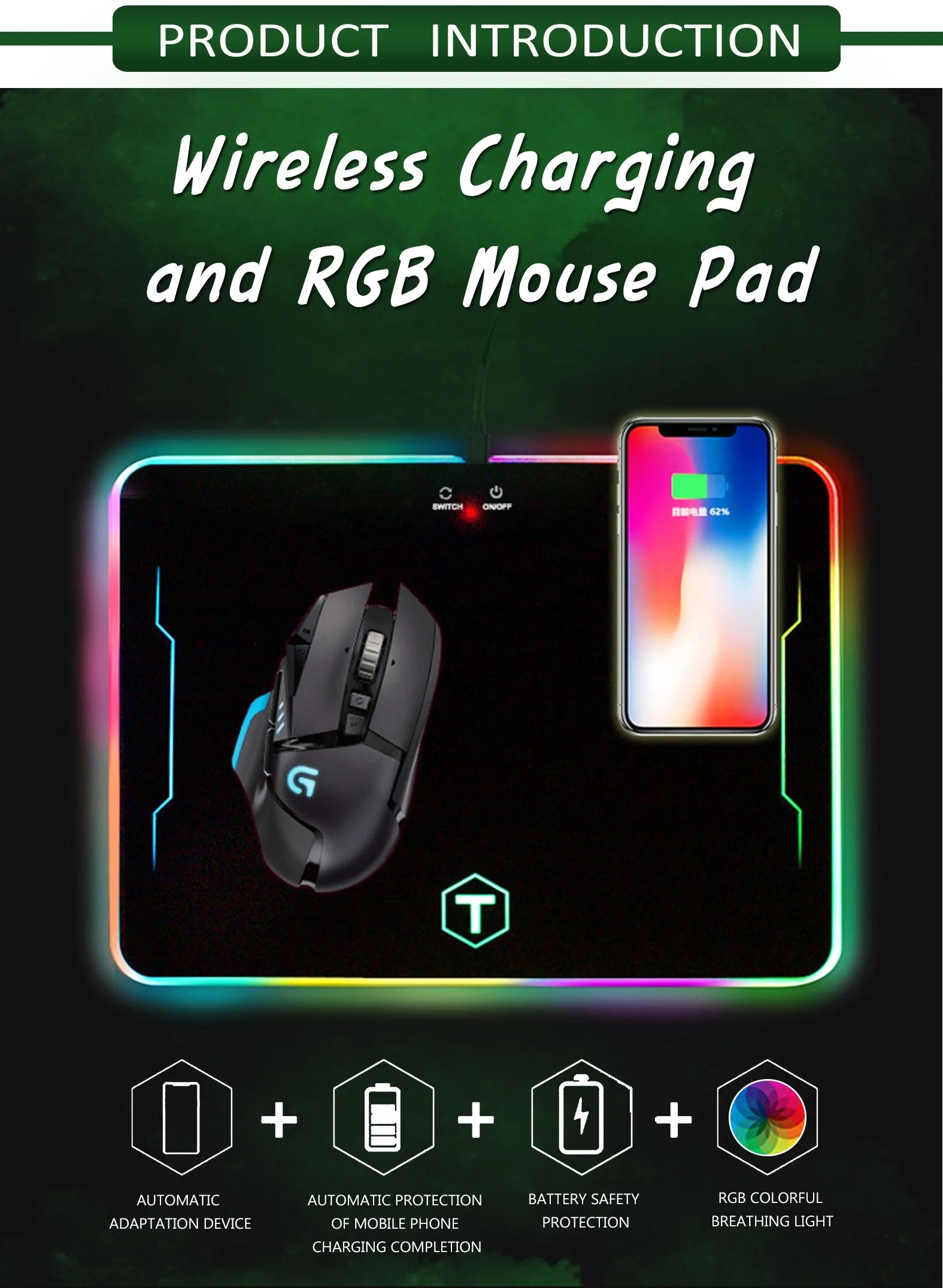 2020 New Arrival RGB Computer Mousepad LED USB Charging Large Mouse Pad for Desk Mat Wireless Mouse Pad