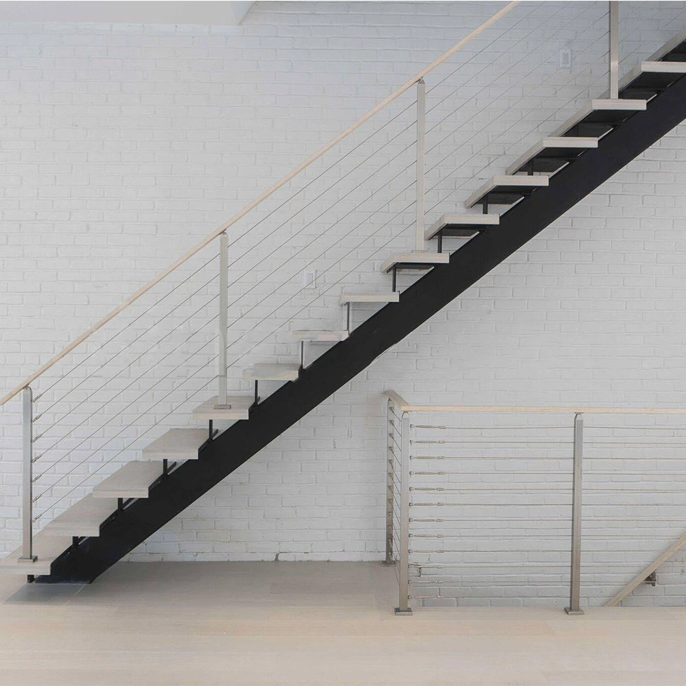 Cable Railing Steel Stringer Wood and Glass Staircase