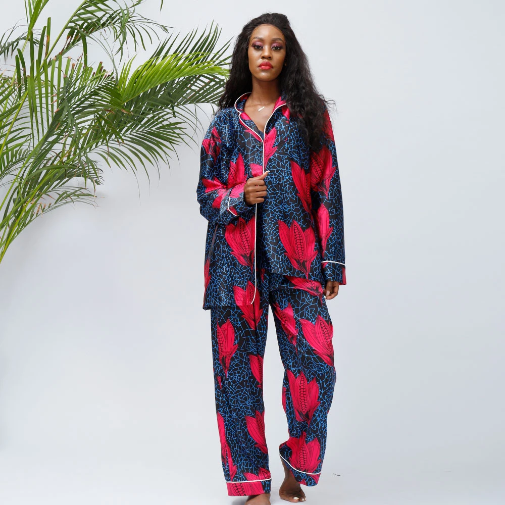 African Print Satin Fabric Fashion Sexy 2 Pieces Long Sleeve Pajamas Women Sleepwear