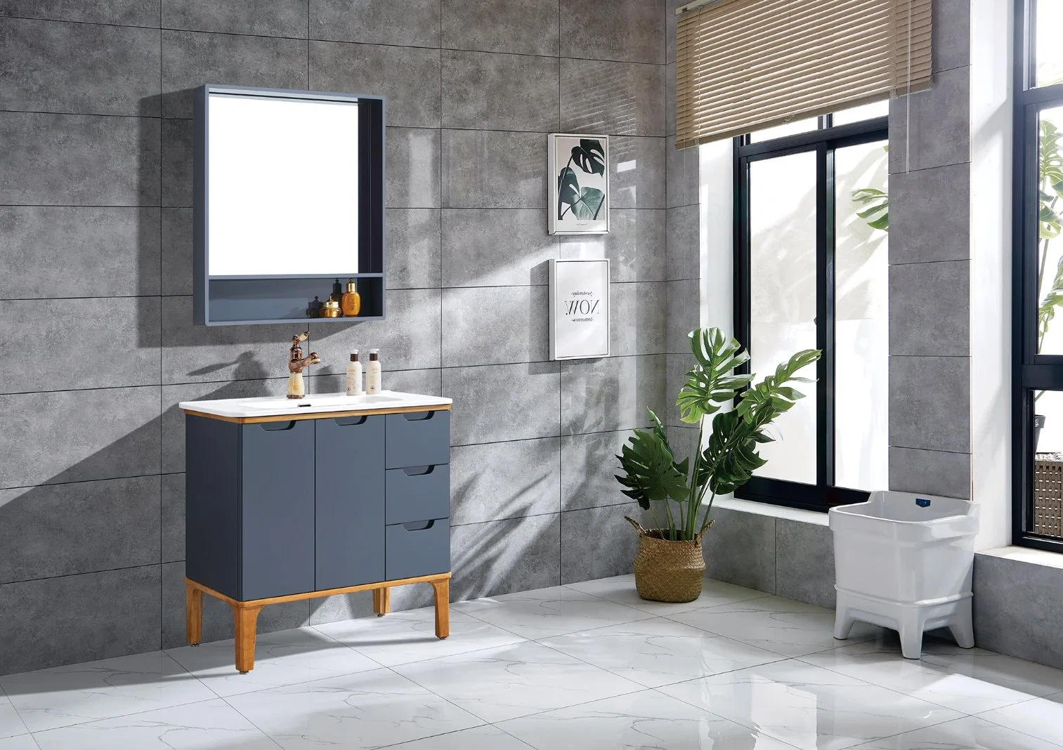 Classtic Solid PVC Bathroom Side Cabinet with Marble Vanity Top