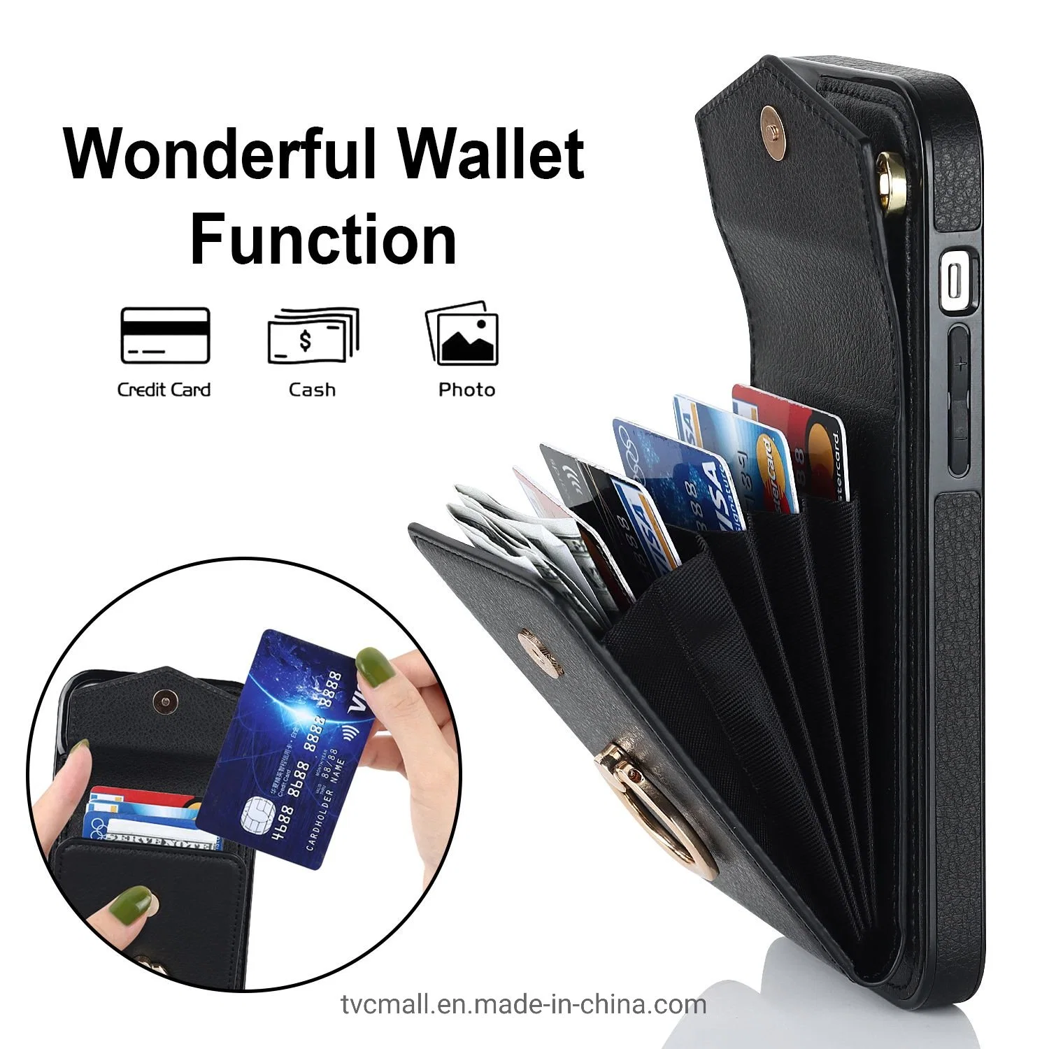 PU Leather+TPU Ring Kickstand Accordion Style Card Bag Blocking Phone Case for iPhone 14 PRO Max - Black