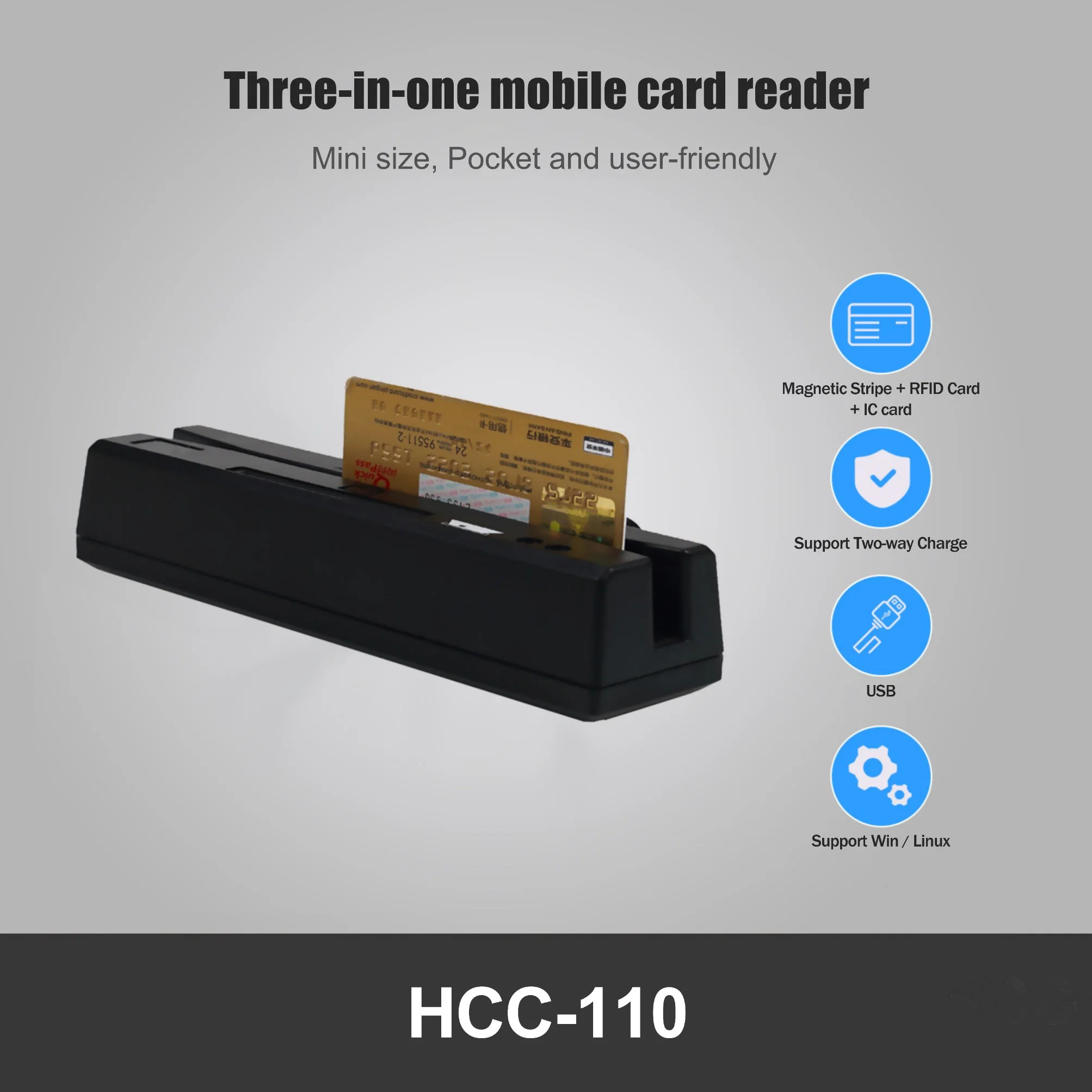 Lecteur de carte à bande magnétique sans contact multifonction USB Hcc110 (HCC-110)