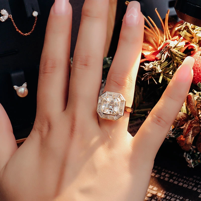 4CT Asscher Cut Bezel Setting Moissanite Ring Tapered Baguette Bezel Set Engagement Ring Simulated Diamond Ring Bridal Jewelry