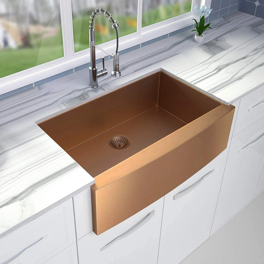 Aquacubic Rose Gold Copper Color PVD Nano Handmade 304 Stainless Steel Apron Front Farmhouse Farm Kitchen Sink