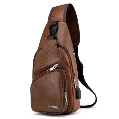 New Custom Waterproof Crossbody Money Bag Leather Backpack Travel Men PU Chest Bag with USB