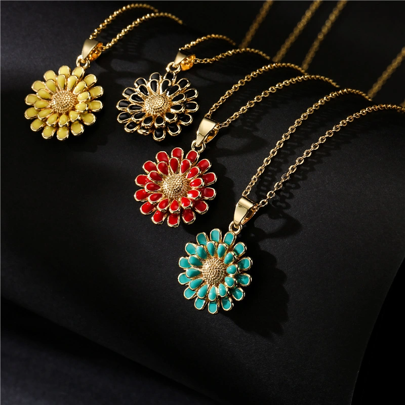 10 Color Drop Oil Sunflower Pendant Copper Plated 18K Gold Necklace Popular European and American Ornaments