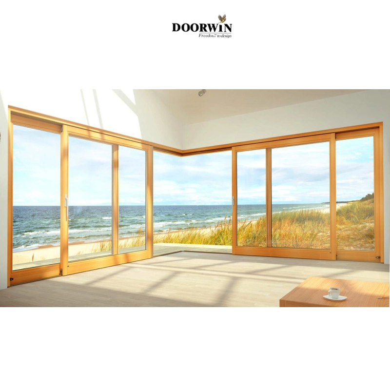 Doorwin moderno Sliding Patio Puertas exterior Roble de madera 3 Panel Vidrio deslizante con persianas integradas Entrada de vidrio sólido Puerta de madera