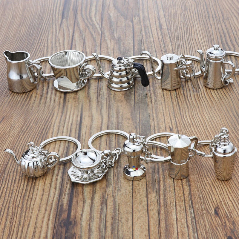 Großhandel Custom Logo 3D Blank Simulation Mini Kaffee Schlüsselkette Moka Topf Löffel Cup Utensil Charm Geschenk Legierung Metall Schlüsselanhänger