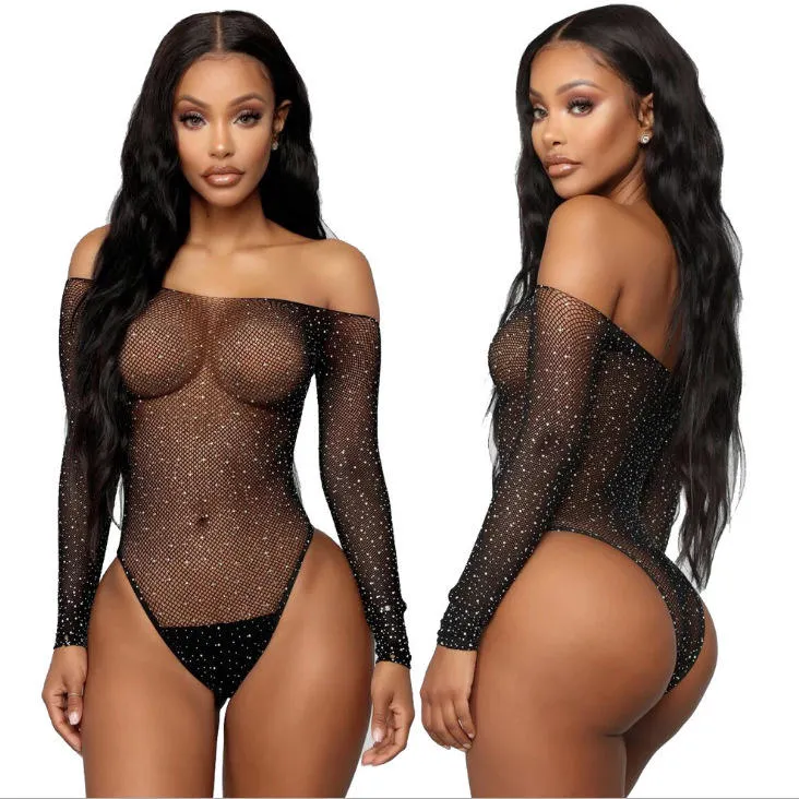 Women Lingerie Fishnet Bodysuit Sexy Mesh Teddy Lingerie Sparkle Rhinestone Thin Knitted Latex Clothing Fetish Women