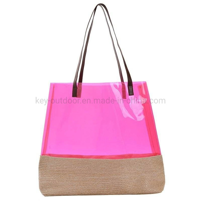 Eco PVC transparente bolsas Bolso mujer bolsos de moda el verano de la mano de la playa de paja plegable mochila al hombro