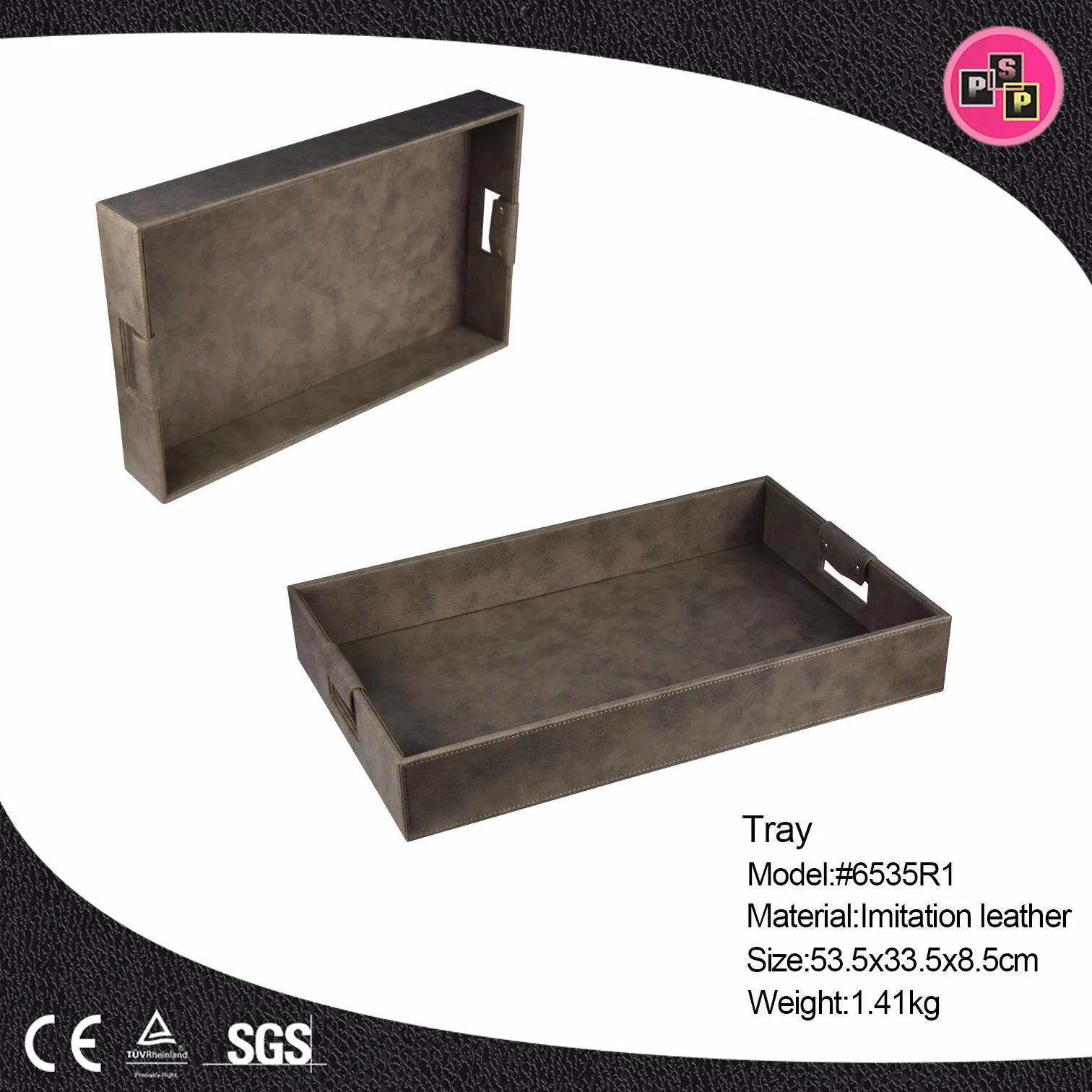 High-End Grey Color Square Leather Cover Wooden Serving Tray for Hotel