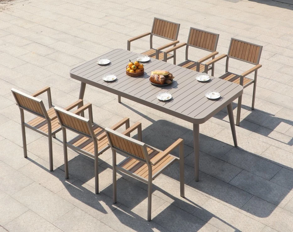 Freizeit Outdoor Kunststoff Holz Aluminium Stühle und Tische Composite wasserdicht Sonnencreme-Outdoor Courtyard Garden Hotel Milk Tea Shop