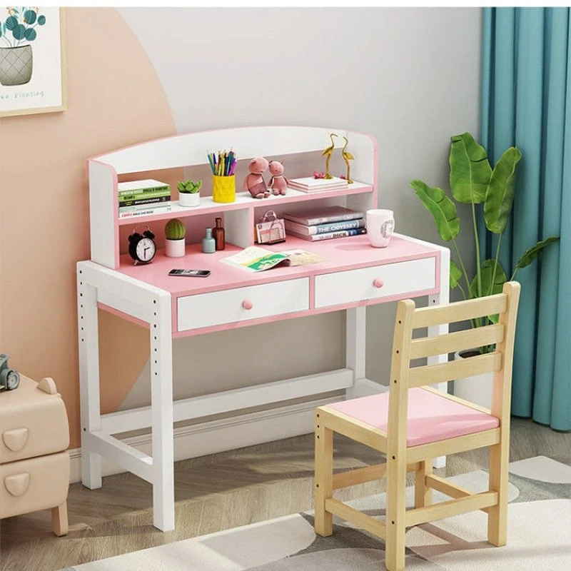 Wooden Multifunction Study Table Set with Chairs Double Shelf and Cabinets for Children