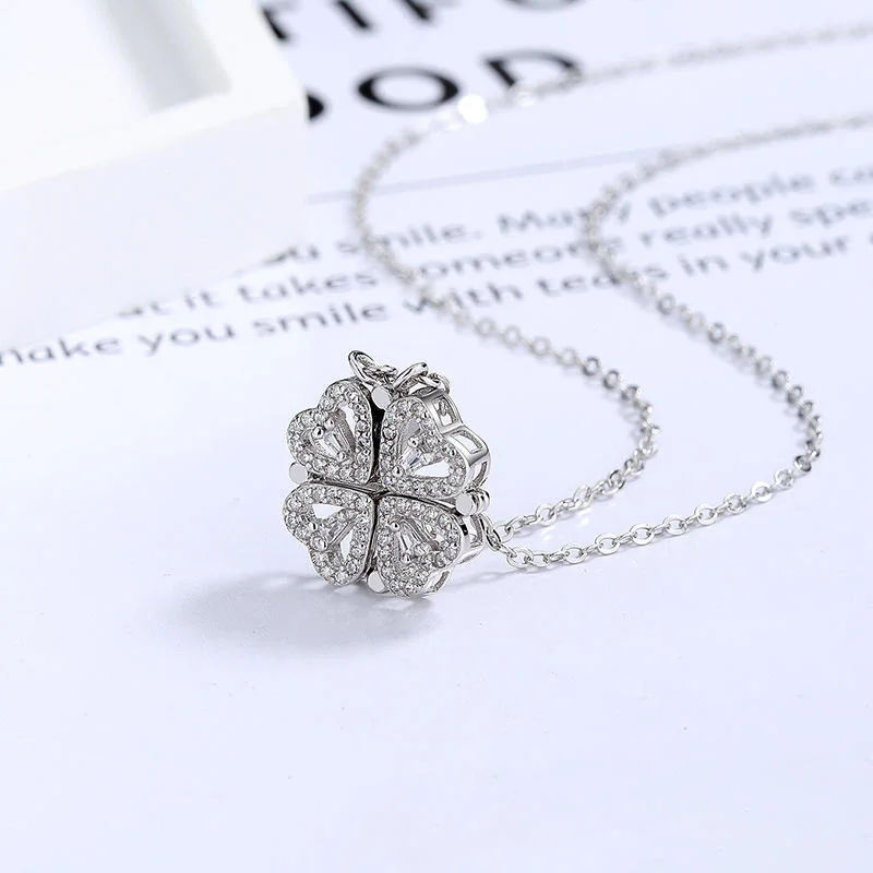 Luxury Four Leaf Clover Pendant Necklace Brass Love Zircon Crystal Gold Color Heart Jewelry Necklace for Women