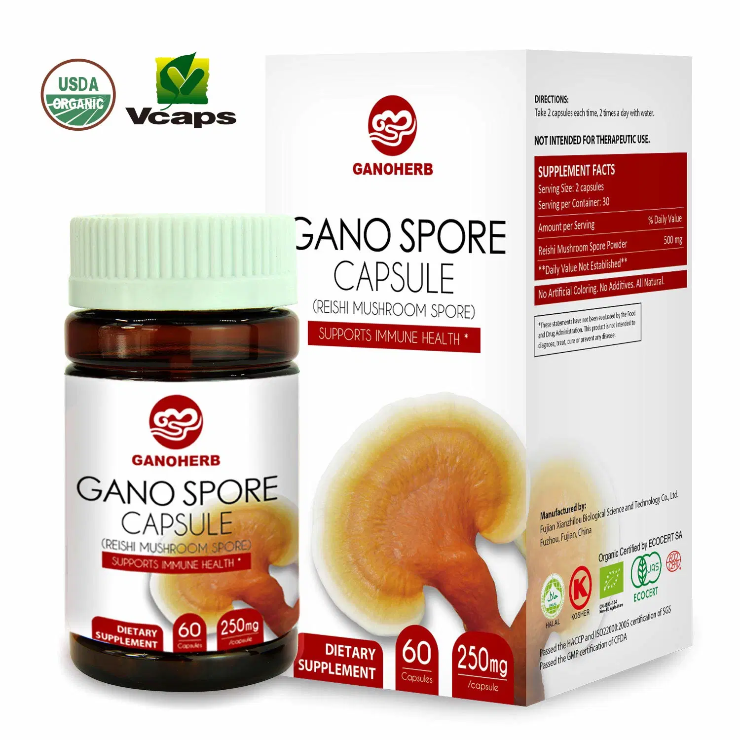 Las cápsulas de esporas de hongos Reishi orgánicos con 100% de polvo de esporas Ganoderma