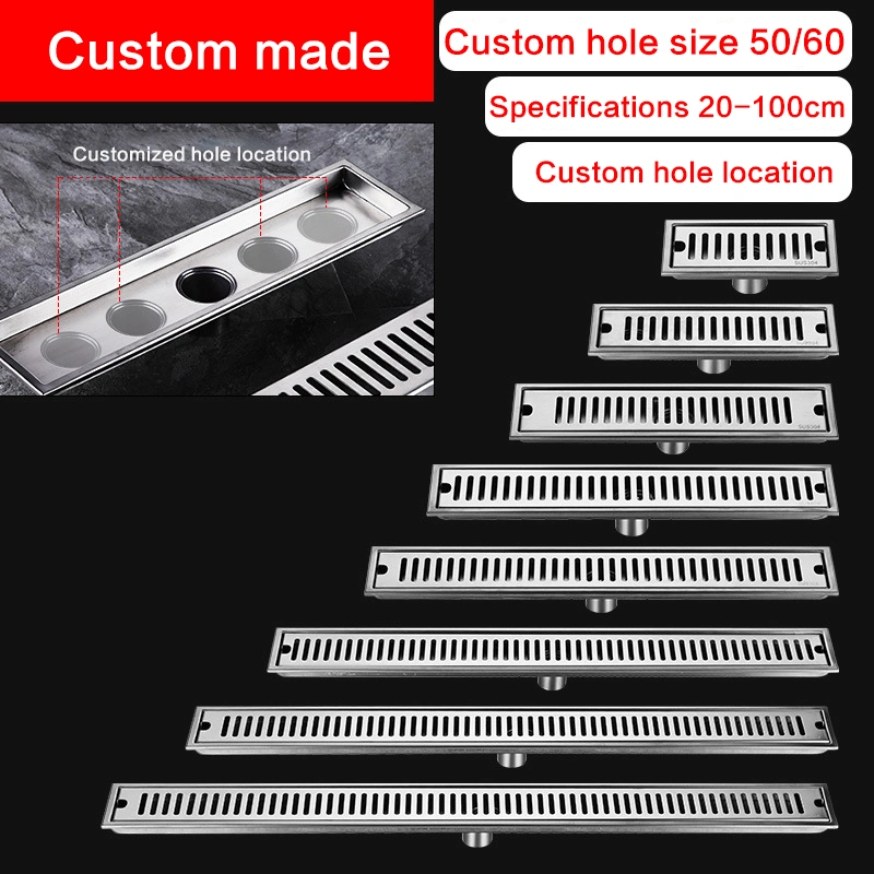 40*10cm SUS304 Stainless Steel Rectangular Floor Drain Thickening Project Hotel Shower Room Large Displacement Side Row Stripe Shape Odor Proof Floor Drain