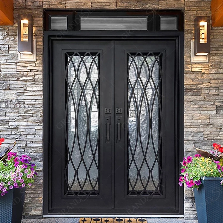 Modern Flat Top Wrought Iron Double Glass Front Door Design