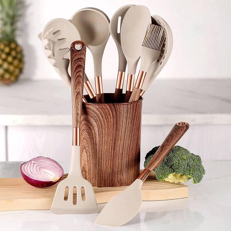 Деревянная ручка силиконовой посудой для приготовления пищи инструменты посуда кухни кухонные принадлежности с ящика для хранения