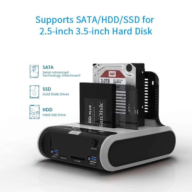 Carcasa de disco duro externo de compartimento doble USB 3,0 a SATA carcasa de disco duro para unidad de disco duro de 2,5 &amp;rdquor; y unidad de disco duro de 3,5 &amp;rdquor; SSD