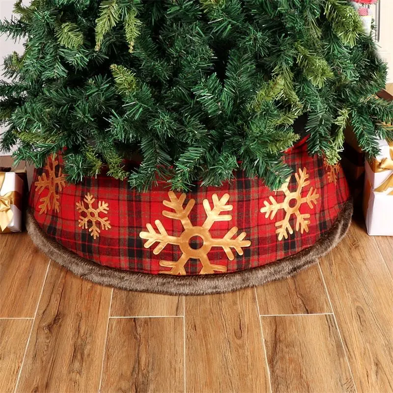 Christmas Decorations Non Woven Plaid Gold Snowflake Christmas Tree Skirt Christmas Tree Bottom Apron