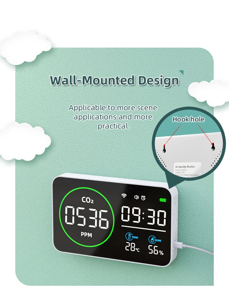 10 Inch Screen Indoor Temperature and Humidity Carbon Dioxide Monitor with Smart WiFi for Home, School, Car and Company