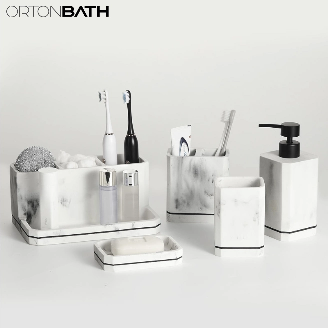 Ortonbath Custom Resin Bathroom Set Lotion Dispenser Soap Dish Tumbler Bathroom Accessories Set Marble White Resin Bathroom
